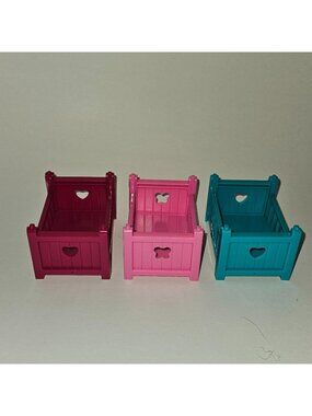 3 Lil Woodzeez Battat Crib Lot Baby Furniture Pink Teal Dollhouse Toy